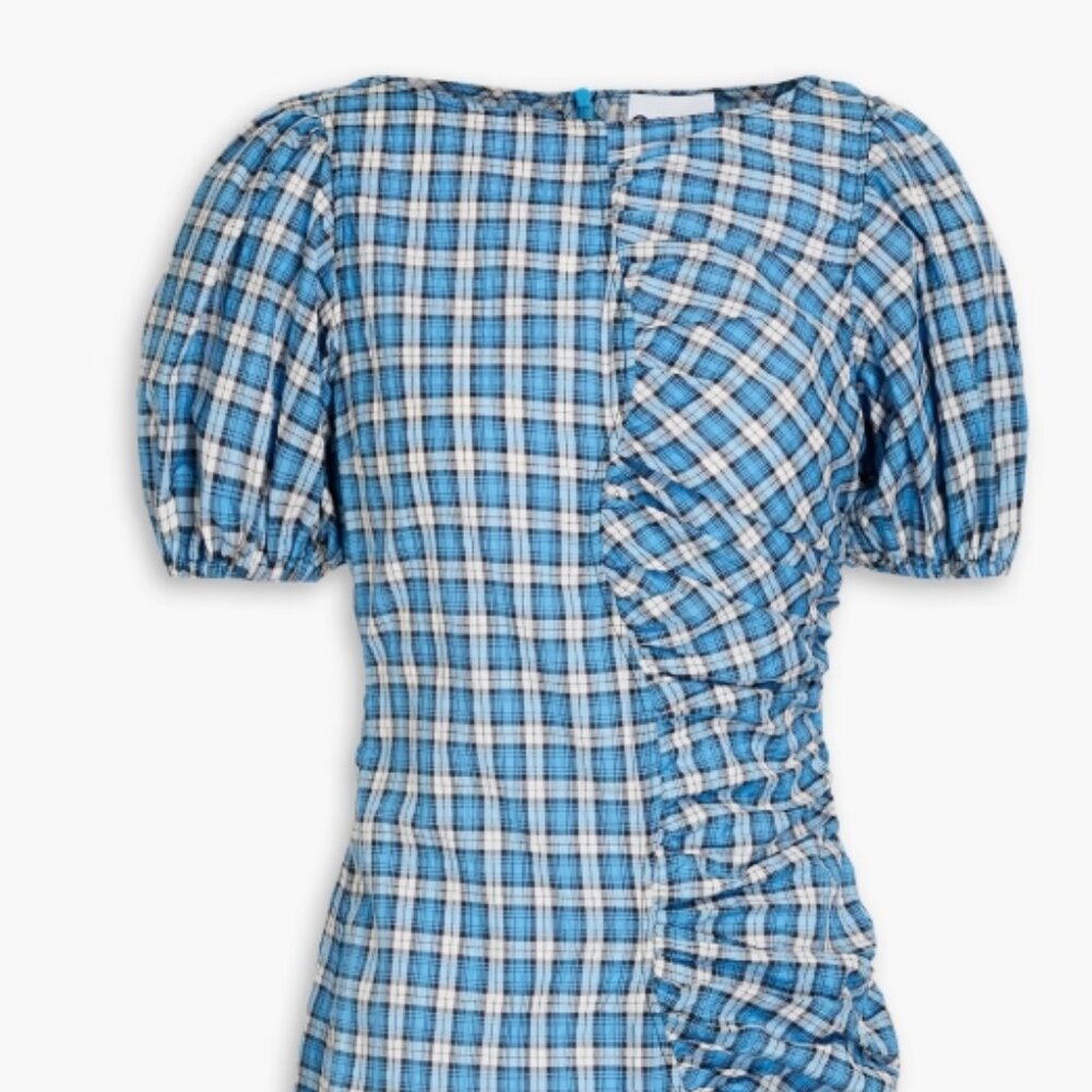 GANNI Puff Sleeve Ruched Seersucker Mini Dress Blue/White Gingham M ($257)